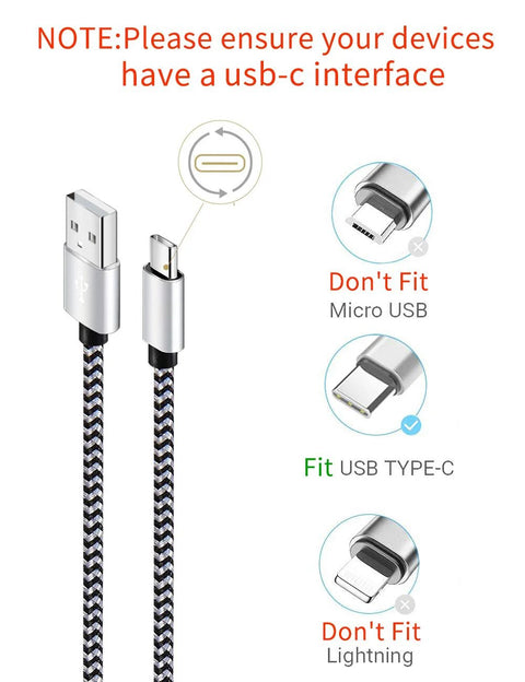 Front view of braided USB-A to USB-C charging cable, black-and-white weave with silver connectors