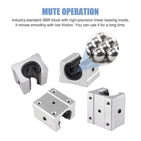 SBR20 Linear Rail Bearing Blocks showing precision design with aluminum casing, ideal for CNC builds and smooth operation.