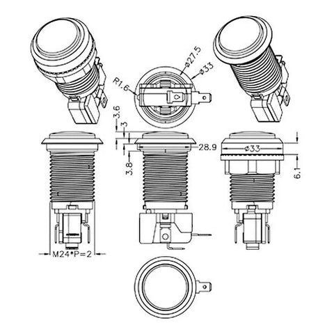 Technical blueprint of Arcade Button Kit Chrome Silver Plated LED Illuminated Push Buttons 5V 12V Plug N Play Start Buttons 1P 2P.