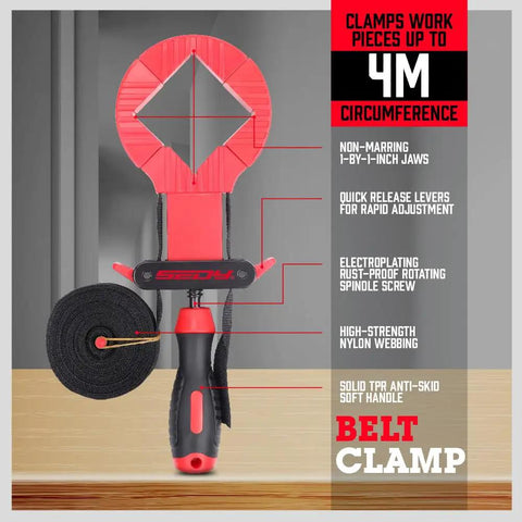 Red 13 Ft Belt Band Clamp For Woodworking Quick Release Frame Clamp with black handle and strap details