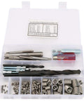 Heavy Duty Stainless Steel Thread Repair Kit With Tap Drill Tool contents displayed in a clear carry case, including taps, drills, and wire inserts.