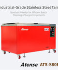 Industrial 81 Gallon Ultrasonic Cleaner Workhorse Rig With Digital Heater And Timer Triple Phase Power For Cleaning Heavy Duty Auto Parts And Tools Batch Wash System High Capacity Steel Setup in red, industrial-grade stainless steel tank.
