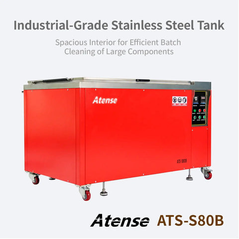 Industrial 81 Gallon Ultrasonic Cleaner Workhorse Rig With Digital Heater And Timer Triple Phase Power For Cleaning Heavy Duty Auto Parts And Tools Batch Wash System High Capacity Steel Setup in red, industrial-grade stainless steel tank.