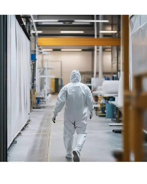 Person wearing Heavy Duty Hazmat Coveralls 25 Pack With Hood And Elastic Wrists, Full Body Disposable Suit in a warehouse setting.