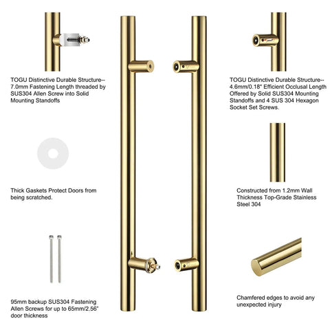 Grab These Super Tough Eighteen Inch Heavy Duty Push Pull Door Handles Made From Commercial Grade Stainless Steel Featuring Solid Standoffs And A Killer PVD Polished Gold Finish Ideal For Barn Doors Glass Doors And More With Chamfered Edges. 18-inch gold stainless steel pull handles with standoffs