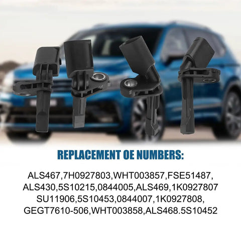4 Pack ABS Wheel Speed Sensor Front And Rear Left Right Compatible With Volkswagen Beetle Passat Jetta OEM Wht003856 Wht003857 detailed view of sensors.