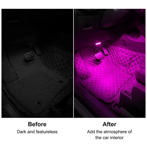 Wireless Car Interior LED Lights Kit With 7 Color RGB Mood Lighting illuminating car floor before and after effect