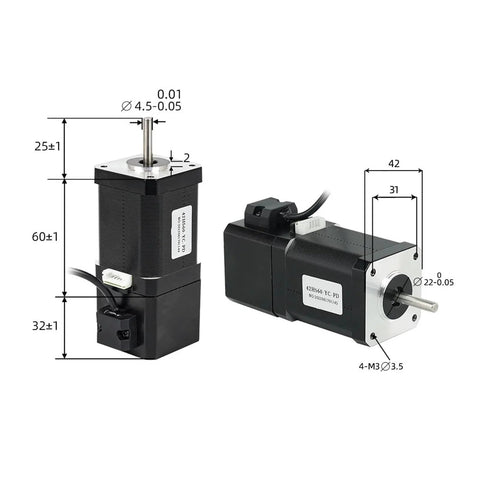 Front and side views of two black two-phase 4-lead NEMA17 brake stepper motors with silver faceplates and 60 mm bodies.