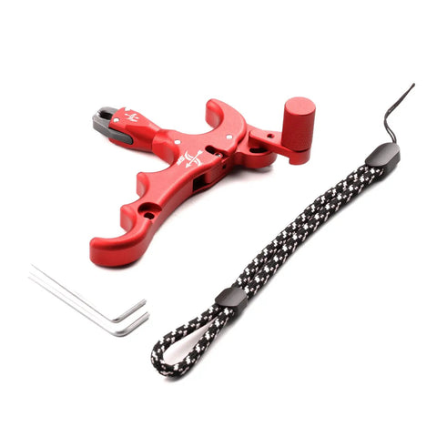4-Finger Compound Bow Release Trigger With 360 Degree Rotating Thumb Release Aid, Auto Jaw Closure, and Strap, Red