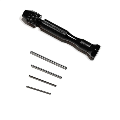 Black Paper Bead Roller With Four Interchangeable Stainless Slotted Tips For Tiny Bead Holes, shown with parts on white background.