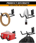 4 Pack E Track Double J Hooks Heavy Duty Steel Tool Hangers For Trailers Trucks And Garages Keep Shovels Cables Bags And Gear Off The Floor Easy Access Storage And Organization, black steel hooks holding rope, shovel, toolbox, and backpack