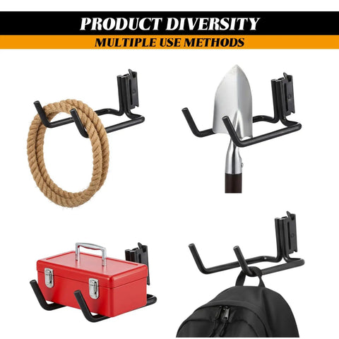 4 Pack E Track Double J Hooks Heavy Duty Steel Tool Hangers For Trailers Trucks And Garages Keep Shovels Cables Bags And Gear Off The Floor Easy Access Storage And Organization, black steel hooks holding rope, shovel, toolbox, and backpack