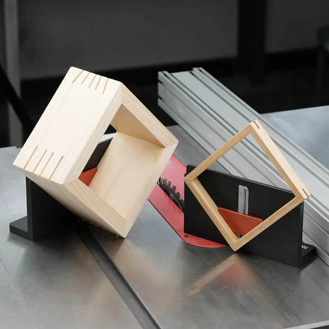 Dope Spline Jig For Table Saw And Router Table Build Stronger Miter Joints And Add A Design Accent With Splines Perfect For Picture Frames Small Boxes And Other Joinery Projects, showing wooden mitered frames on jig with saw blade