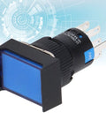 Thinking Process: blue square push button switch, black plastic body, 5A 250V, rear terminals