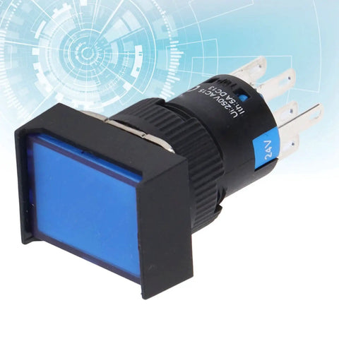 Thinking Process: blue square push button switch, black plastic body, 5A 250V, rear terminals