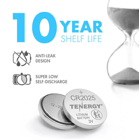 Straight Up Reliable CR2025 3V Lithium Button Batteries 10 Pack Heavy Duty Coin Cells showing battery design and features.