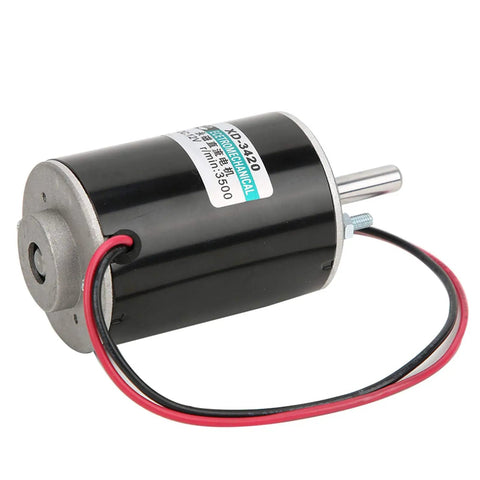 Hella Quiet High Speed DC Electric Motor XD Series For Precision Bench Cutting And Mechanical Projects Featuring Variable RPM Output and smooth silent operation, black motor with wires.
