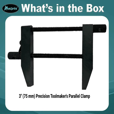 3 Inch Toolmaker's Parallel Clamp With Premium Tool Steel Construction For Durable Machining, Milling, Grinding And Inspection, 75 Mm Capacity, Precise Parallelism For Small Workpieces. black parallel clamp shown front view