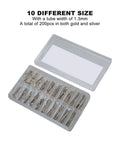 200 Pcs Watch Screw Tube Kit With 10 Sizes 1.3mm Width in storage box, gold and silver pins visible