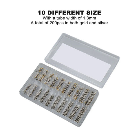200 Pcs Watch Screw Tube Kit With 10 Sizes 1.3mm Width in storage box, gold and silver pins visible