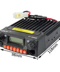 Tri Band Mobile Ham Transceiver With Dual Watch And Dual Standby, 25W 2m 1.25m 70cm Radio, front and side view with dimensions
