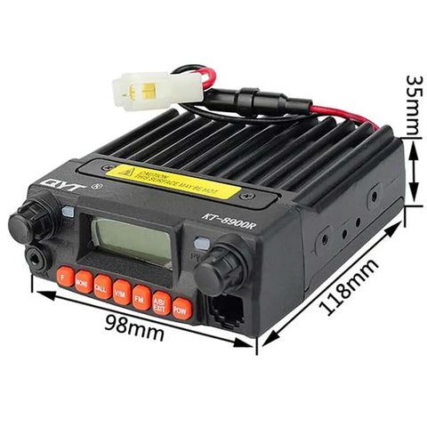 Tri Band Mobile Ham Transceiver With Dual Watch And Dual Standby, 25W 2m 1.25m 70cm Radio, front and side view with dimensions