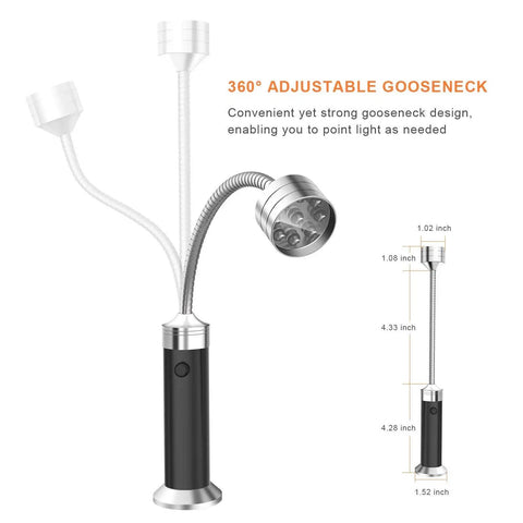 Super Bright Magnetic Barbecue Grill Light With Flexible Gooseneck LED Lighting for Outdoor Cooking, silver and black model with dimensions.
