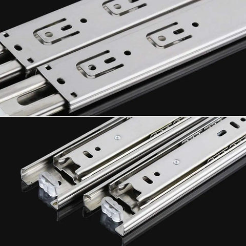 Close-up of 6 Inch Full Extension 3 Section Ball Bearing Drawer Slides Side Mounted For Cabinets Kitchens And Furniture Durable Cold Rolled Steel Zinc Plated