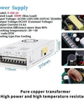 Power Supply S-350-24 with 350W capacity, fan cooling, and output voltage of DC 24V for high-performance applications.