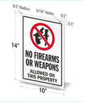 Straight Talk For Your Property With This Built Tough 14X10 Inch Rustproof Aluminum Yard Sign displaying No Firearms or Weapons Allowed on a white background.