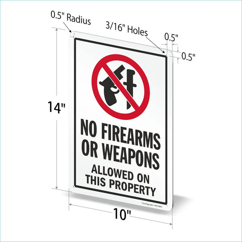 Straight Talk For Your Property With This Built Tough 14X10 Inch Rustproof Aluminum Yard Sign displaying No Firearms or Weapons Allowed on a white background.