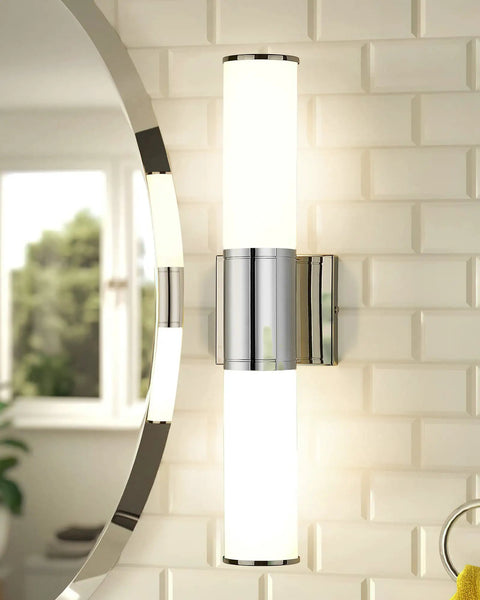 Two Light Vanity Lights With Milk Glass Shade In Chrome Finish Up And Down Wall Sconces for bathroom mirror lighting on a tiled wall