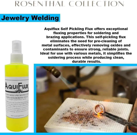 Aquiflux Silver Flux For Jewelry Soldering Low Residue Liquid Flux For Clean Gold And Silver Joints bottle beside soldering scene