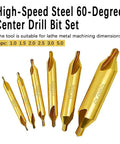 High-Speed Steel 60-Degree Center Drill Bit Set, 6pc, sizes 1.0 to 5.0mm for lathe machining, precision drilling.
