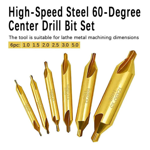 High-Speed Steel 60-Degree Center Drill Bit Set, 6pc, sizes 1.0 to 5.0mm for lathe machining, precision drilling.