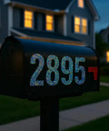 3 Inch Reflective Number Stickers 0 To 9 Set on mailbox, glowing at night. All Weather Waterproof Vinyl Self Adhesive, 6 Sheets.