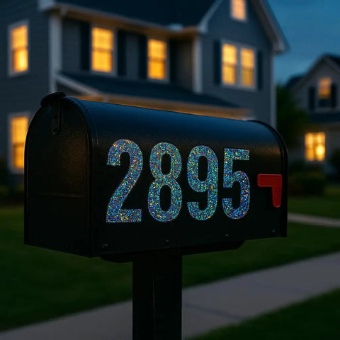 3 Inch Reflective Number Stickers 0 To 9 Set on mailbox, glowing at night. All Weather Waterproof Vinyl Self Adhesive, 6 Sheets.