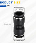 Two Pack 1/2 Inch Tube To Tube Push To Connect Pneumatic Fittings, Straight Union Plastic Quick Connects For Air Lines, Black