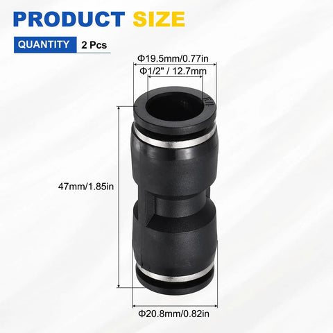 Two Pack 1/2 Inch Tube To Tube Push To Connect Pneumatic Fittings, Straight Union Plastic Quick Connects For Air Lines, Black