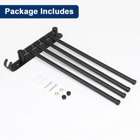 Top Shelf Swivel Towel Rack Built From Solid 304 Steel Spacious Four Arm Wall Mount Bath Station Sporting Rustproof Spin Nifty Side Hook And Chill Matte Black Finish with installation accessories.