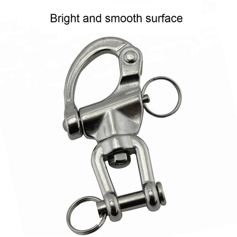Heavy Duty Kickass 316 Stainless Steel Safety Clevis Pin Swivel Snap Shackle with bright surface and secure connection.