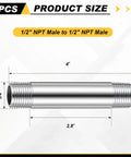 Dimensions of Four Inch Long 304 Stainless Steel Pipe Nipples Half Inch NPT Male Threaded Four Pack for oil, air, fuel lines.
