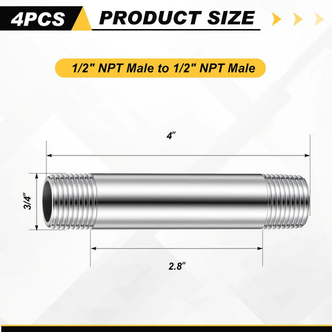 Dimensions of Four Inch Long 304 Stainless Steel Pipe Nipples Half Inch NPT Male Threaded Four Pack for oil, air, fuel lines.