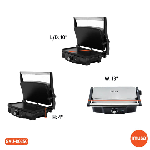 Imusa Electric Panini Press Griddle With Non Stick Cast Aluminum Plates Adjustable Thermostat Control, dimensions 10x13x4 inches.