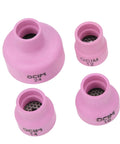 Ceramic Welding Cup Set For TIG Welding, Alumina Torch Gas Lens Kit WP 17 18 26, showing pink No 12, 14, 16, 24 cups with mesh inside