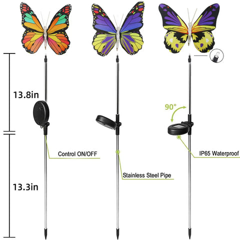 3 Pack Solar Butterfly Garden Lights Waterproof Led Color Changing Stakes For Patio Yard Pathway Decoration Auto 7 Color Cycle Lit Nighttime Show Outdoor Waterproof Decor showing dimensions and stainless steel pipe.