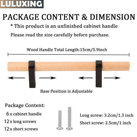 Adjustable Wood Cabinet Hardware Handles Pack Of 6 Unfinished DIY Pulls for cabinets with dimensions and screw sizes shown.