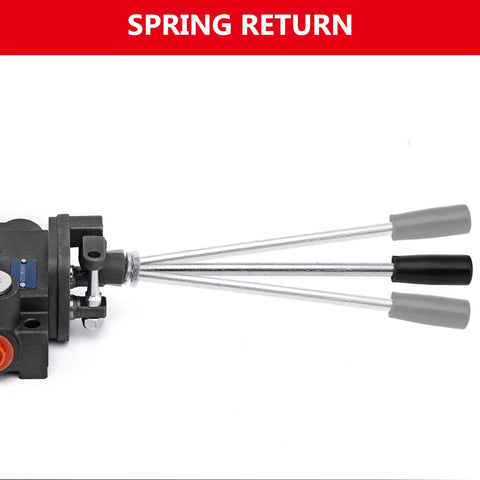 Side view of Happybuy 2-spool hydraulic joystick control valve with black housing and three metal control rods.