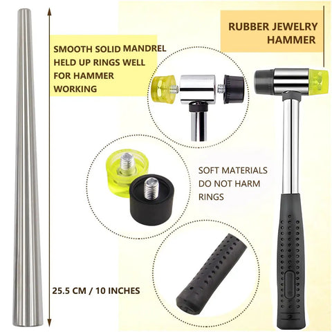 Pro Grade Ring Sizing Kit With Metal Ring Mandrel And Jewelry Mallet for Easy Ring Sizing, bent ring fixer and reshaper tool