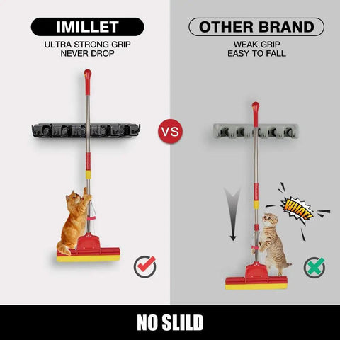 Comparison between 'IMILLET' and 'Other Brand' wall-mounted mop holders, showing a cat testing strength; IMILLET has better grip.